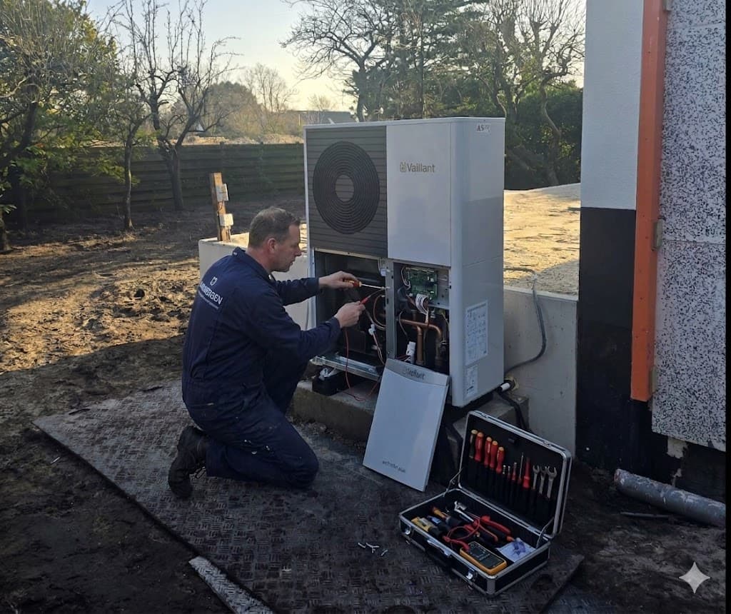 Illustratie van installatiematerialen, een thermostaat en een werktekening.